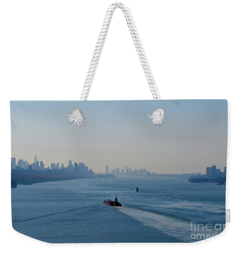 Barrieloustark Weekender Tote Bag featuring the photograph Crossing the Bridge by Barrie Stark
