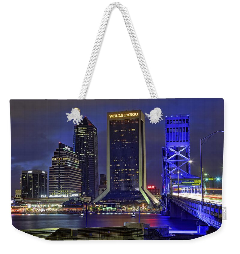 Jacksonville Weekender Tote Bag featuring the photograph Crossing the Main Street Bridge - Jacksonville - Florida - Cityscape by Jason Politte