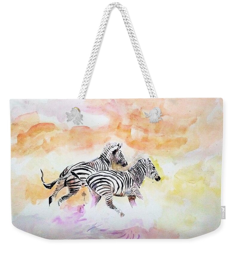 Zebra Weekender Tote Bag featuring the painting Crossing the river. by Khalid Saeed