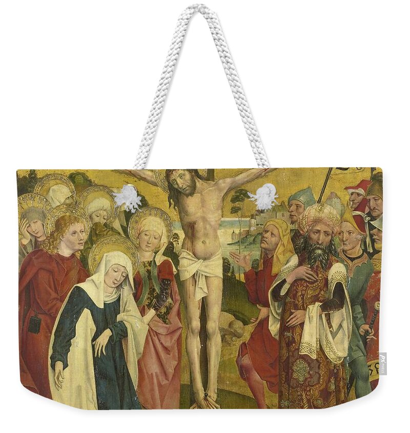 Crucifixion Weekender Tote Bag featuring the painting Crucifixion Christ on a cross by Vintage Collectables