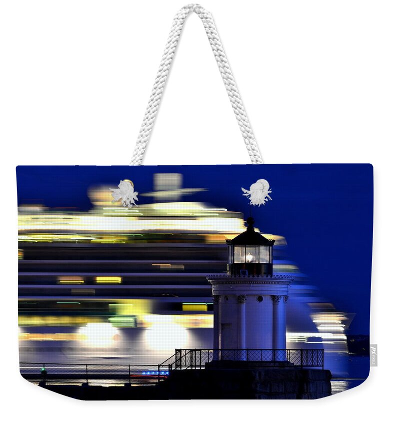 Bug Light Weekender Tote Bag featuring the photograph Cruise Ship at Bug Light by Colleen Phaedra