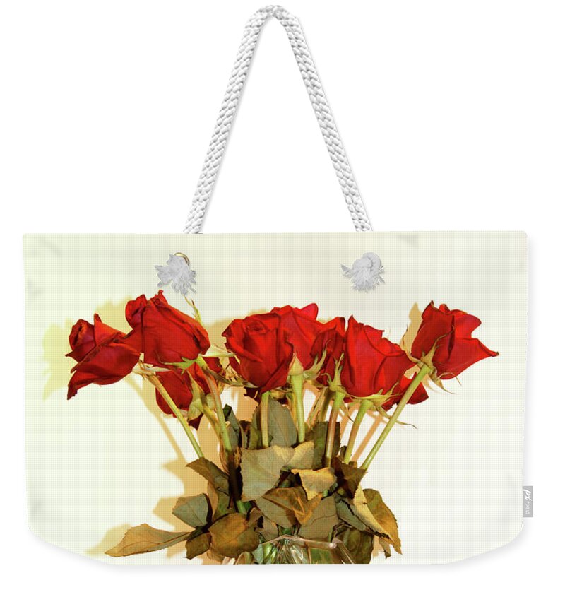 Crystal Vase Weekender Tote Bag featuring the photograph Crystal and Red Roses by Margie Avellino