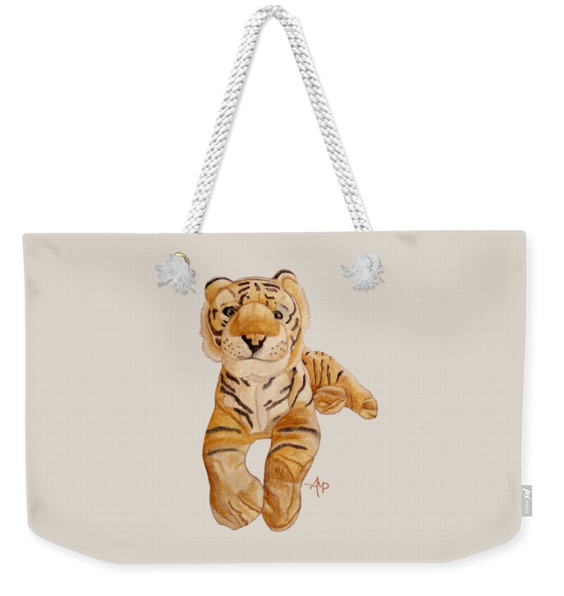 Tiger Weekender Tote Bag featuring the painting Cuddly Tiger by Angeles M Pomata