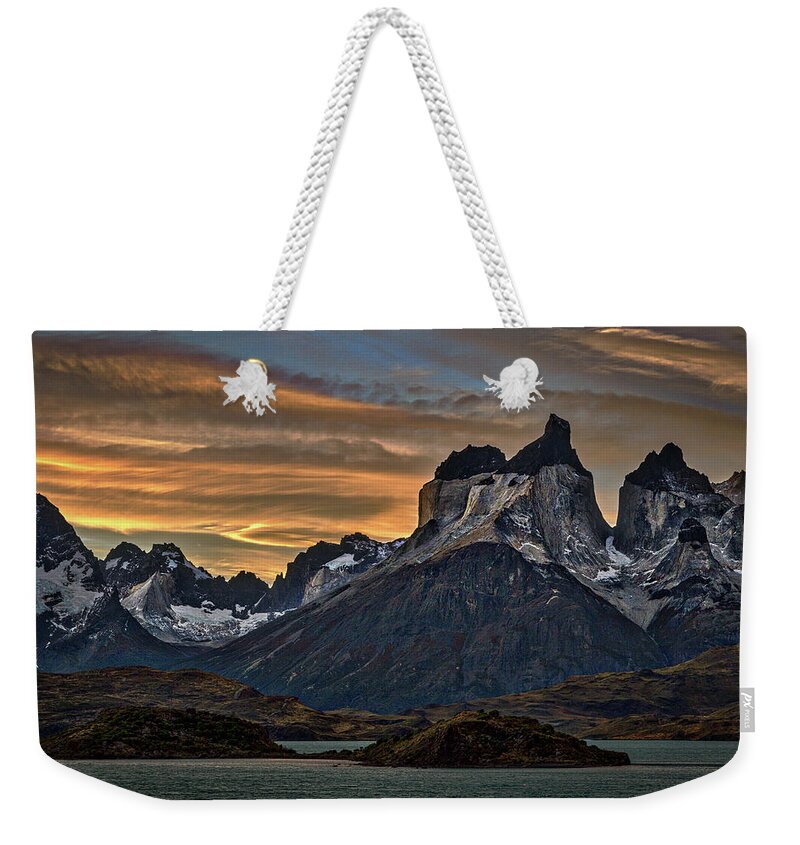 Patagonia Weekender Tote Bag featuring the photograph Cuernos Sunset Begins #2 - Patagonia by Stuart Litoff