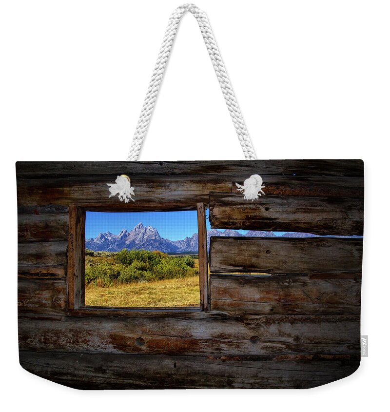 Cunningham Cabin Window View Weekender Tote Bag featuring the photograph Cunningham Cabin Window View by Carolyn Derstine