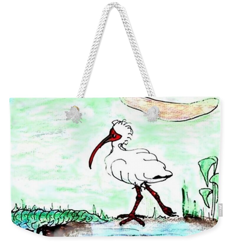 Ibis Weekender Tote Bag featuring the drawing Curious ibis stands by by Carol Allen Anfinsen