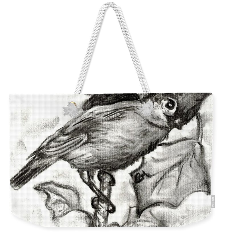 Birds Weekender Tote Bag featuring the drawing Curious titmouse by Carol Allen Anfinsen