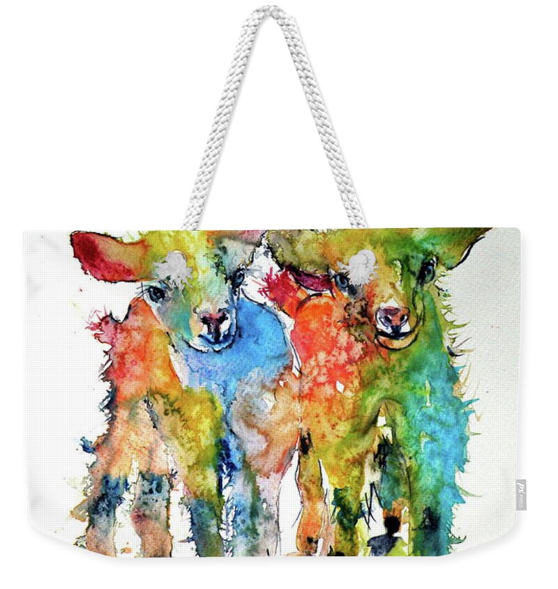 Cute Weekender Tote Bag featuring the painting Cute baby goats by Kovacs Anna Brigitta