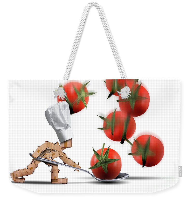 Kitchen Weekender Tote Bag featuring the digital art Cute chef box character catching tomatoes by Simon Bratt