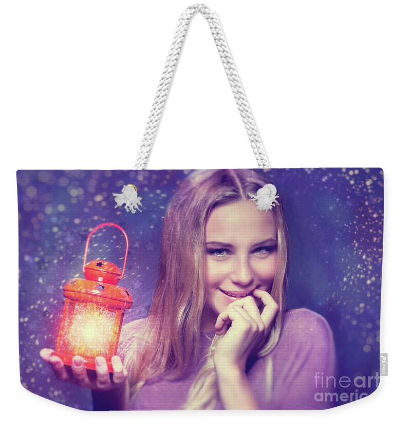 Background Weekender Tote Bag featuring the photograph Cute girl at Christmas eve by Anna Om