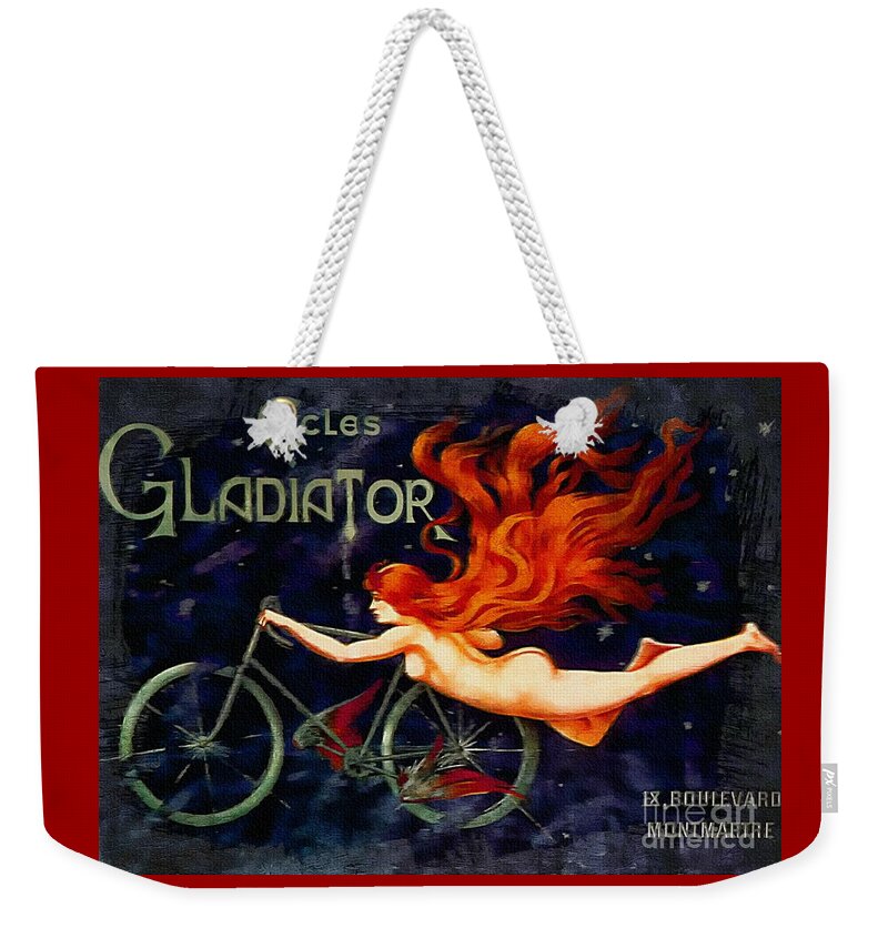 Art Deco Weekender Tote Bag featuring the painting Cycles Gladiator - Vintage 1895 by Ian Gledhill