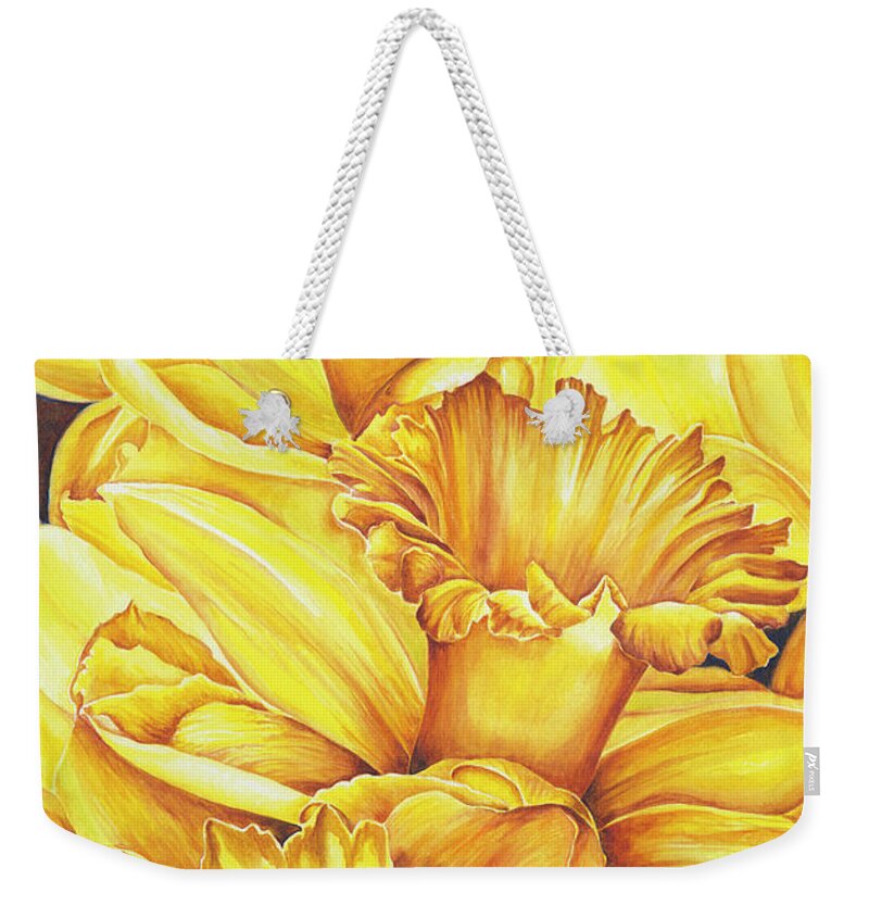 Floral Weekender Tote Bag featuring the painting Daffodil Drama by Lori Taylor