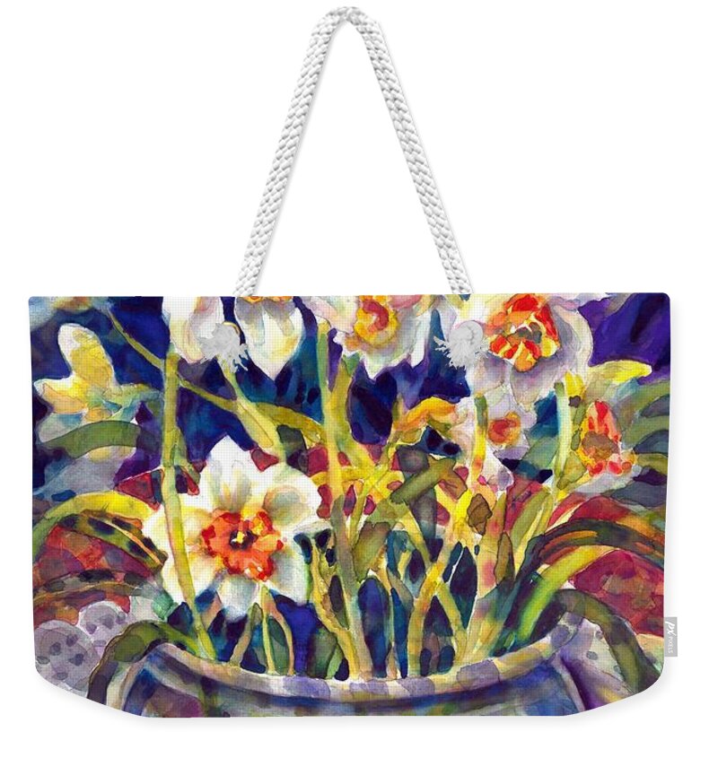 Painting Weekender Tote Bag featuring the painting Daffodils and Lace by Ann Nicholson