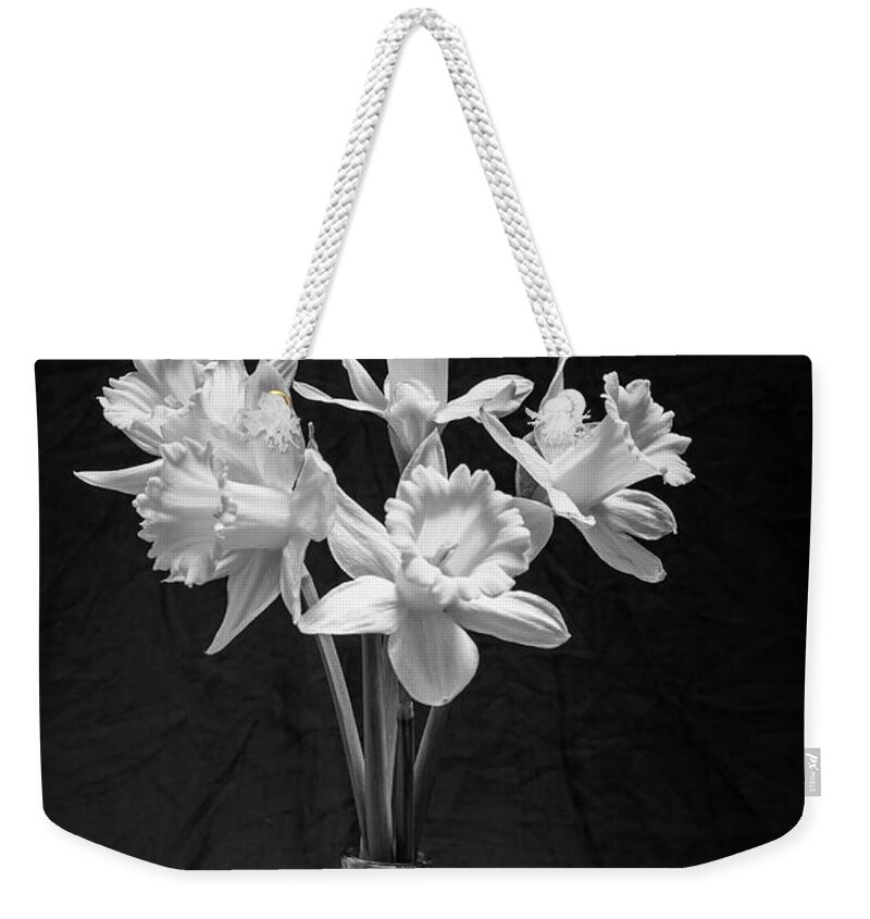 Daffodils Weekender Tote Bag featuring the photograph Daffodils in a Vase - Monochrome by Aashish Vaidya