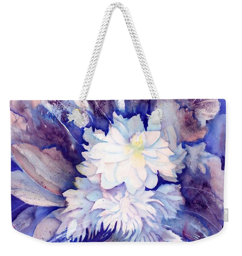 Dahlias Weekender Tote Bag featuring the painting Dahlias Flower Bouquet by Sabina Von Arx
