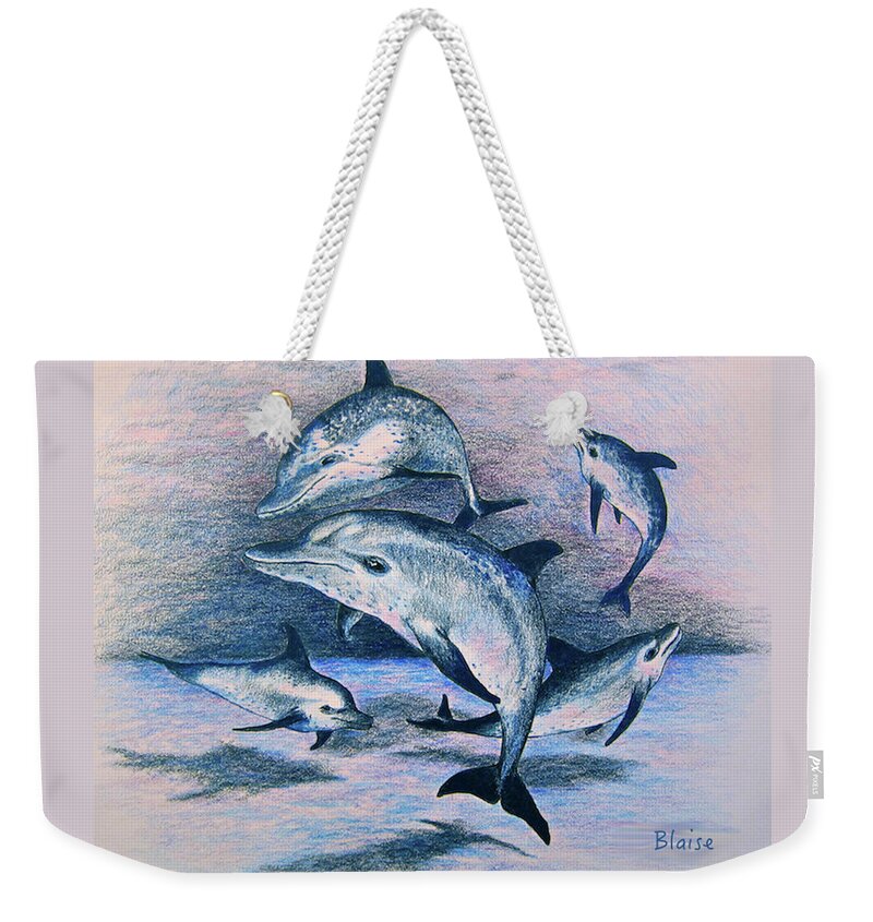 Dolphins Weekender Tote Bag featuring the drawing Dance of the Deep by Yvonne Blasy