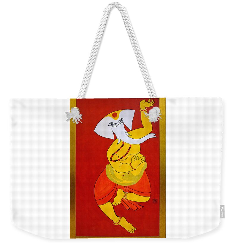 Ganesha Weekender Tote Bag featuring the painting Dancing Ganesha by Guruji Aruneshvar Paris Art Curator Katrin Suter
