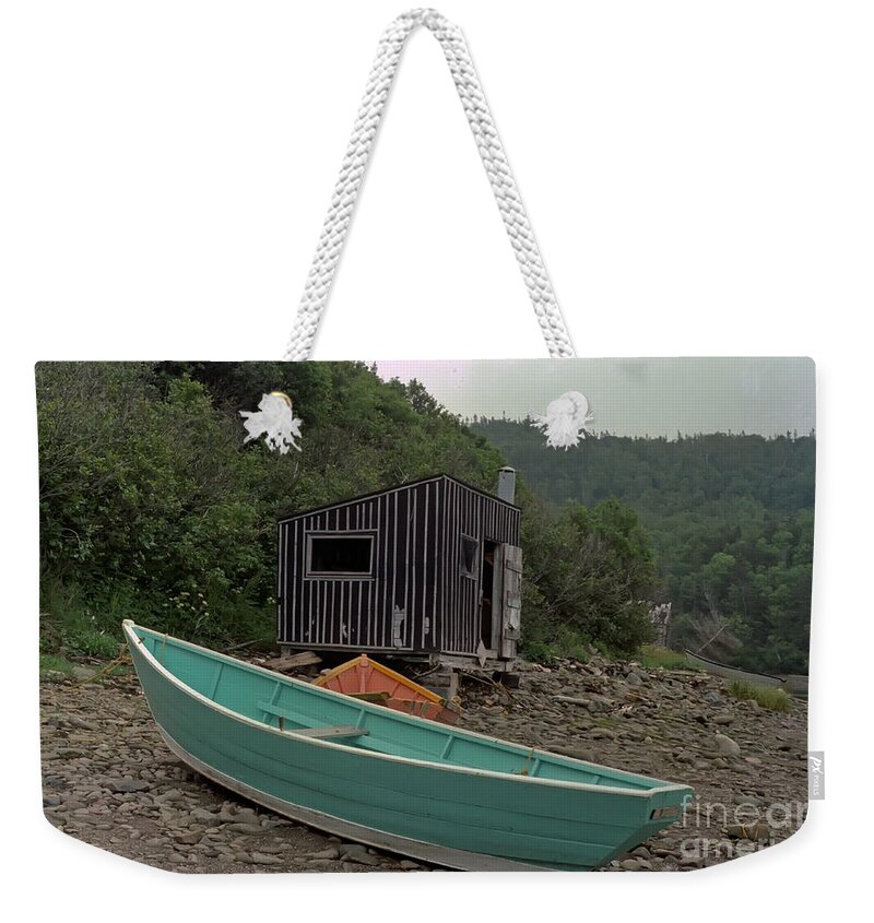 Fisherman Weekender Tote Bag featuring the photograph Dark Harbour Fisherman Shack and Boat by Thomas Marchessault