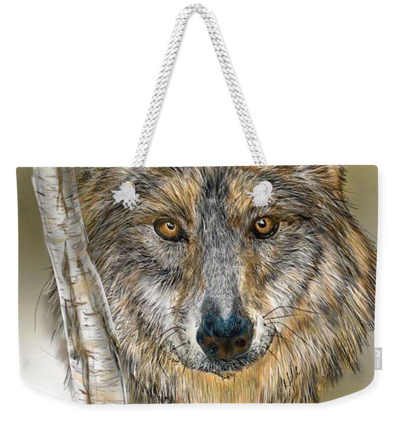Wolf Weekender Tote Bag featuring the digital art Dark Wolf with Birch by Darren Cannell
