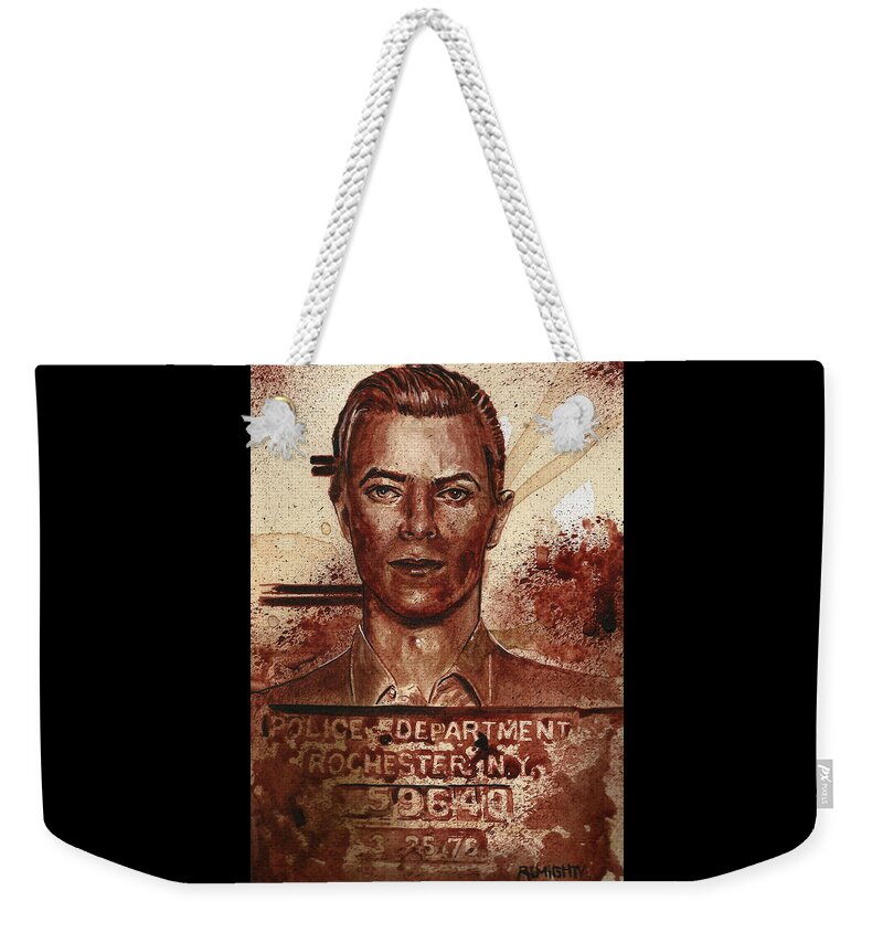 David Bowie Weekender Tote Bag featuring the painting DAVID BOWIE MUGSHOT 1976 - dry blood by Ryan Almighty