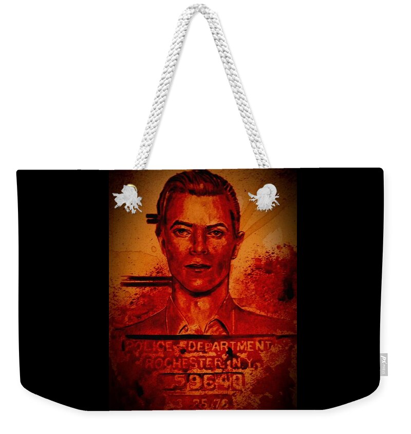 David Bowie Weekender Tote Bag featuring the painting DAVID BOWIE MUGSHOT 1976 - fresh blood by Ryan Almighty
