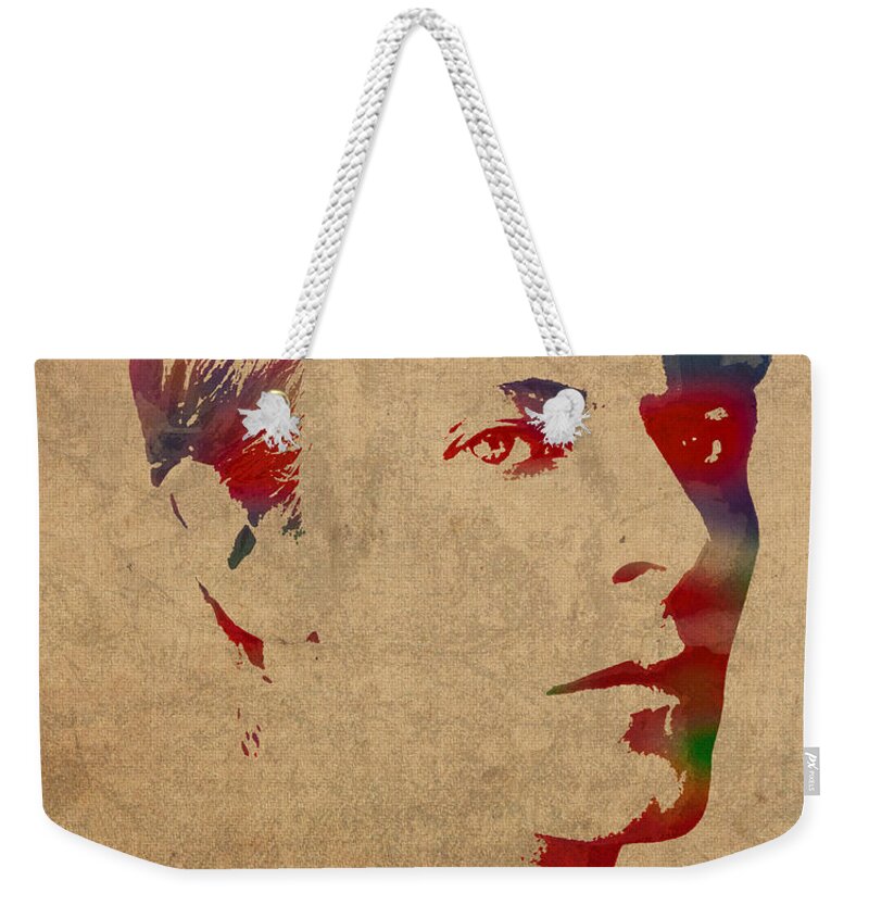 David Bowie Weekender Tote Bag featuring the mixed media David Bowie Rock Star Musician Watercolor Portrait on Worn Distressed Canvas by Design Turnpike