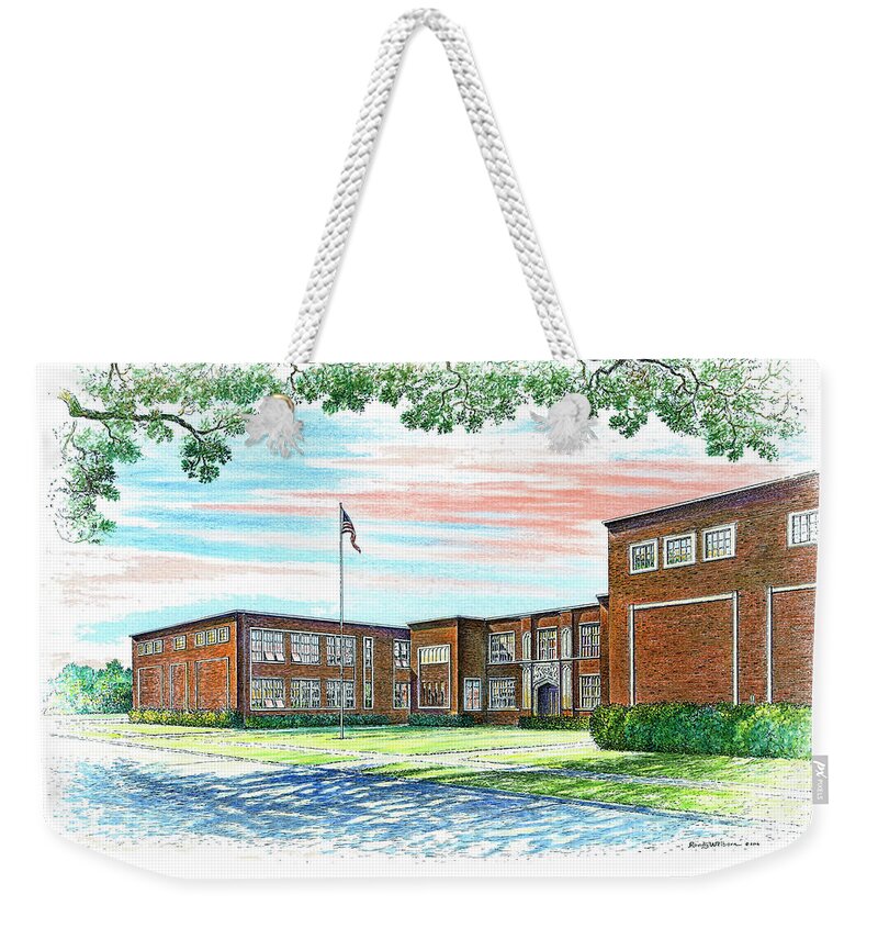 David Crockett Junior High School Weekender Tote Bag featuring the drawing David Crockett Junior High School by Randy Welborn