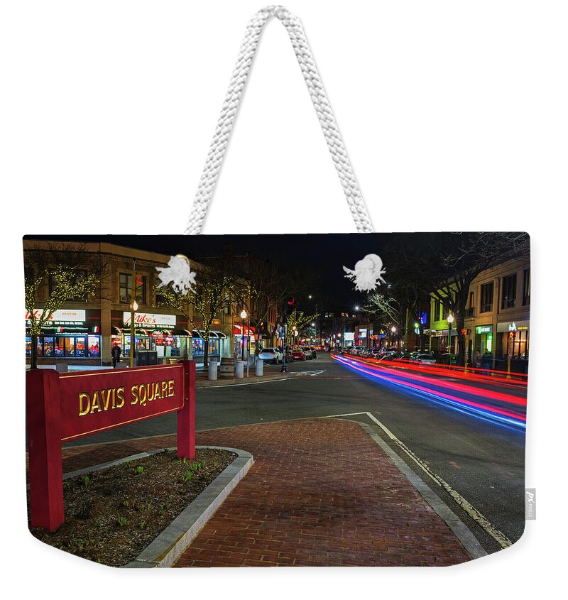 Davis Weekender Tote Bag featuring the photograph Davis Square Sign Somerville MA Mikes by Toby McGuire
