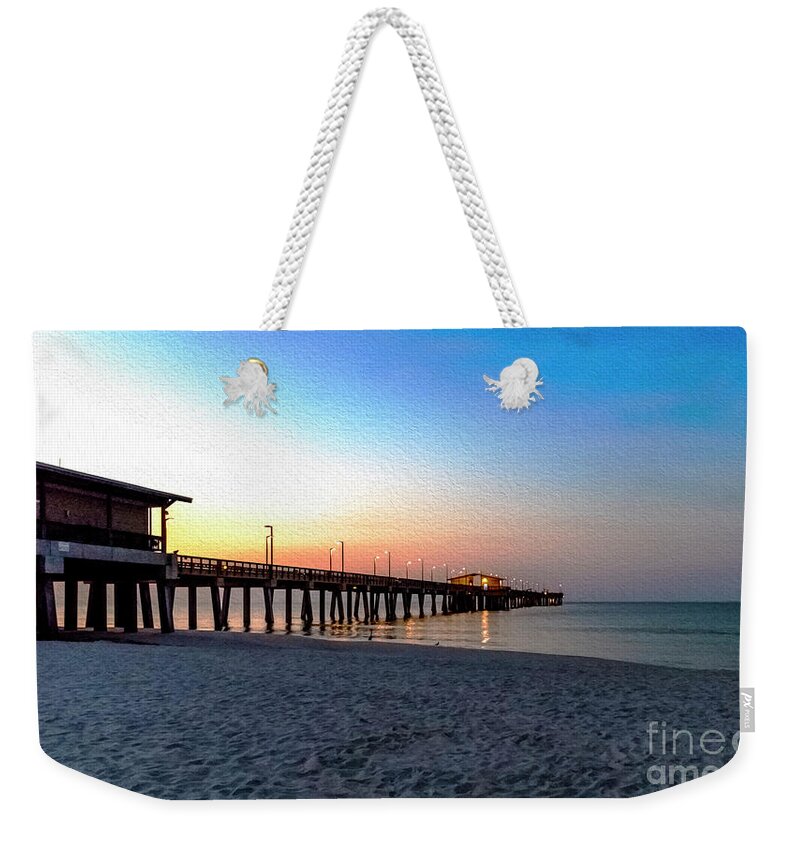 1283a Weekender Tote Bag featuring the photograph Dawn at Gulf Shores Pier Al Seascape 1283A Digital Painting by Ricardos Creations