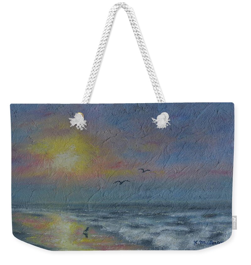Seascape Weekender Tote Bag featuring the painting Dawn Mist - Three Gulls by Kathleen McDermott