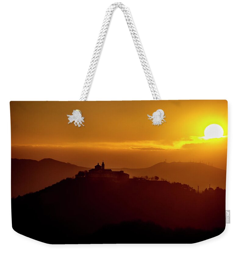 Genova Weekender Tote Bag featuring the photograph Dawn On Guardia Genova Sanctuary From Alta Via Dei Monti Liguri - Alba Alla Guardia by Enrico Pelos