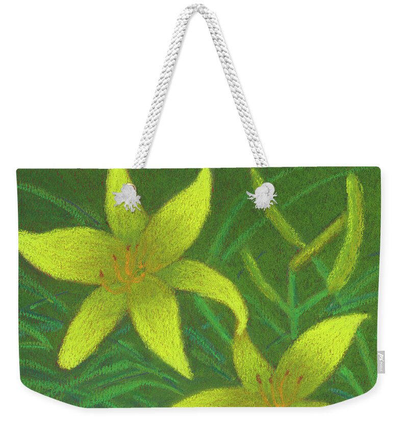 Day Lillies Weekender Tote Bag featuring the pastel Day Lilies by Anne Katzeff