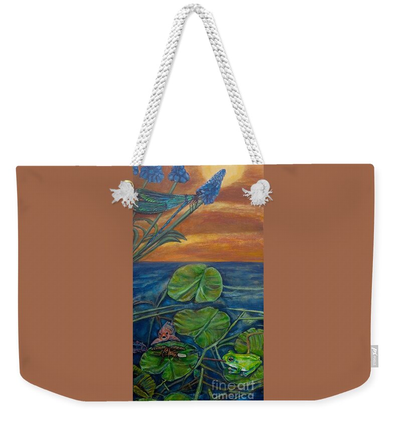 Nature Scene Ecology Environmental Message For Conservation For Earth Day Healthy Aquatic Water Environment Natural Predators Of Pests Like Mosquitos And Their Eggs Or Larvae Green Frog Koi Fish Blue Green Dragonfly Prussian Blue Grape Hyacinths Golden Orange Sunset Blue Green Water Waterlilies Grass Reeds Acrylic Painting Weekender Tote Bag featuring the painting Day of Judgment Revised by Kimberlee Baxter