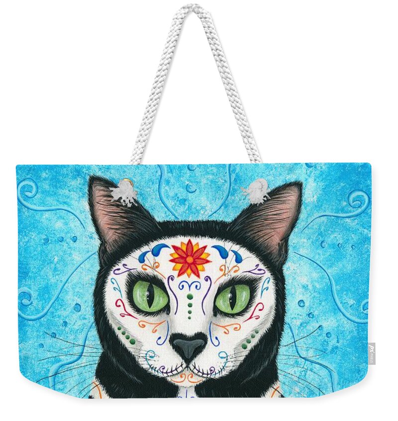 Dia De Los Muertos Gato Weekender Tote Bag featuring the painting Day of the Dead Cat - Sugar Skull Cat by Carrie Hawks
