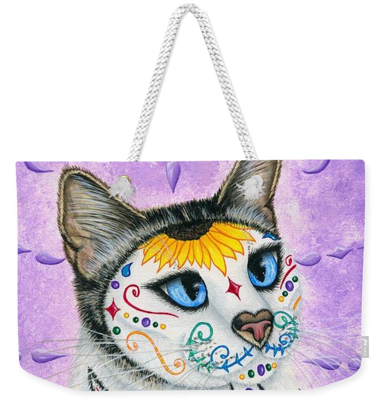 Dia De Los Muertos Gato Weekender Tote Bag featuring the painting Day of the Dead Cat Sunflowers - Sugar Skull Cat by Carrie Hawks