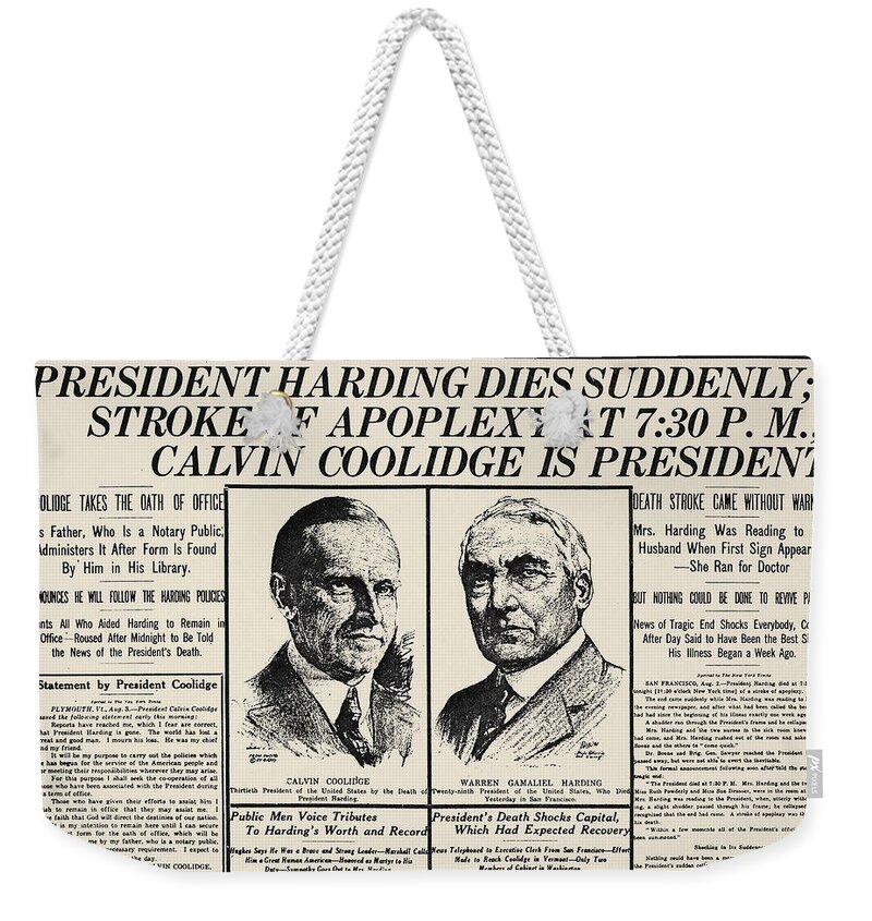 1923 Weekender Tote Bag featuring the photograph Death Of Warren Harding by Granger