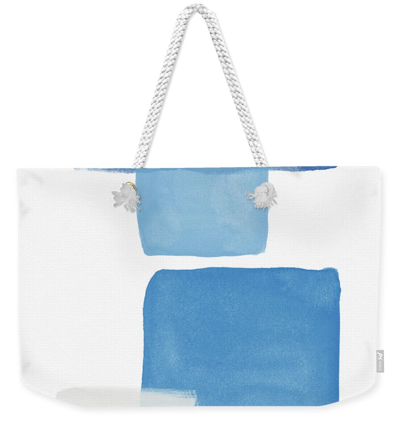 Blue Modern Gingham White Squares Shapes Contemporary Abstract Home Decorairbnb Decorliving Room Artbedroom Artcorporate Artset Designgallery Wallart By Linda Woodsart For Interior Designersgreeting Cardpillowtotehospitality Arthotel Artart Licensing Weekender Tote Bag featuring the painting Deconstructed Blue Gingham 1- Art by Linda Woods by Linda Woods