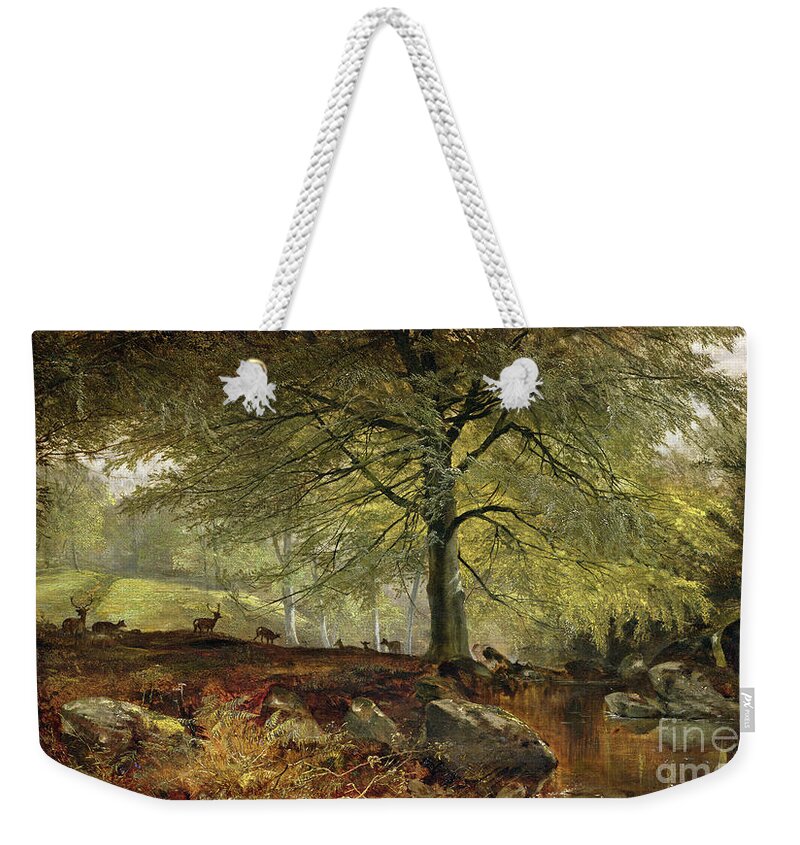 Deer Weekender Tote Bag featuring the painting Deer in a Wood by Joseph Adam