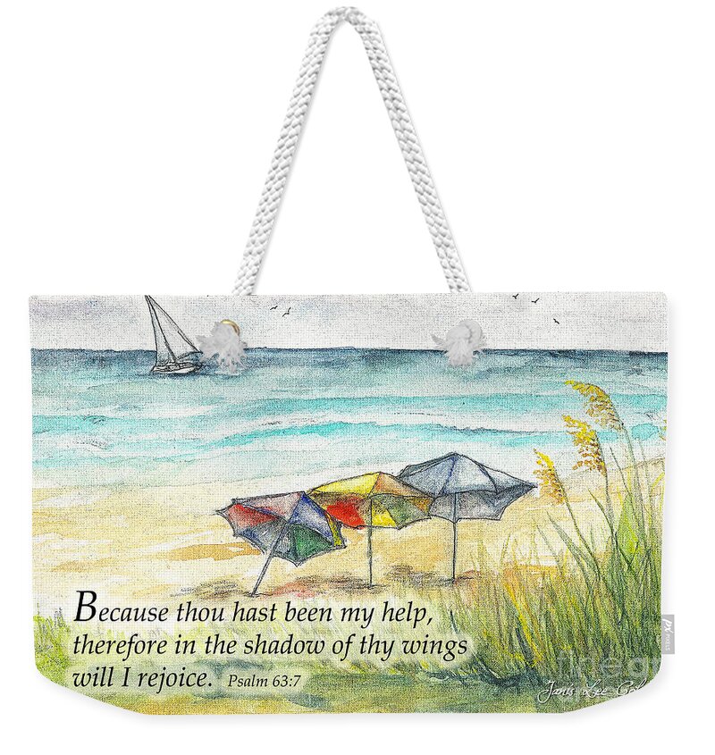 Beach Weekender Tote Bag featuring the digital art Deerfield Beach Umbrellas Psalm 63 by Janis Lee Colon