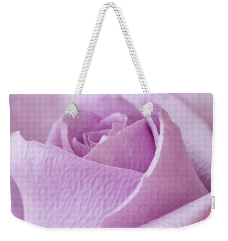Lavender Rose Weekender Tote Bag featuring the photograph Delicate Lavender Rose Macro by Sandra Foster