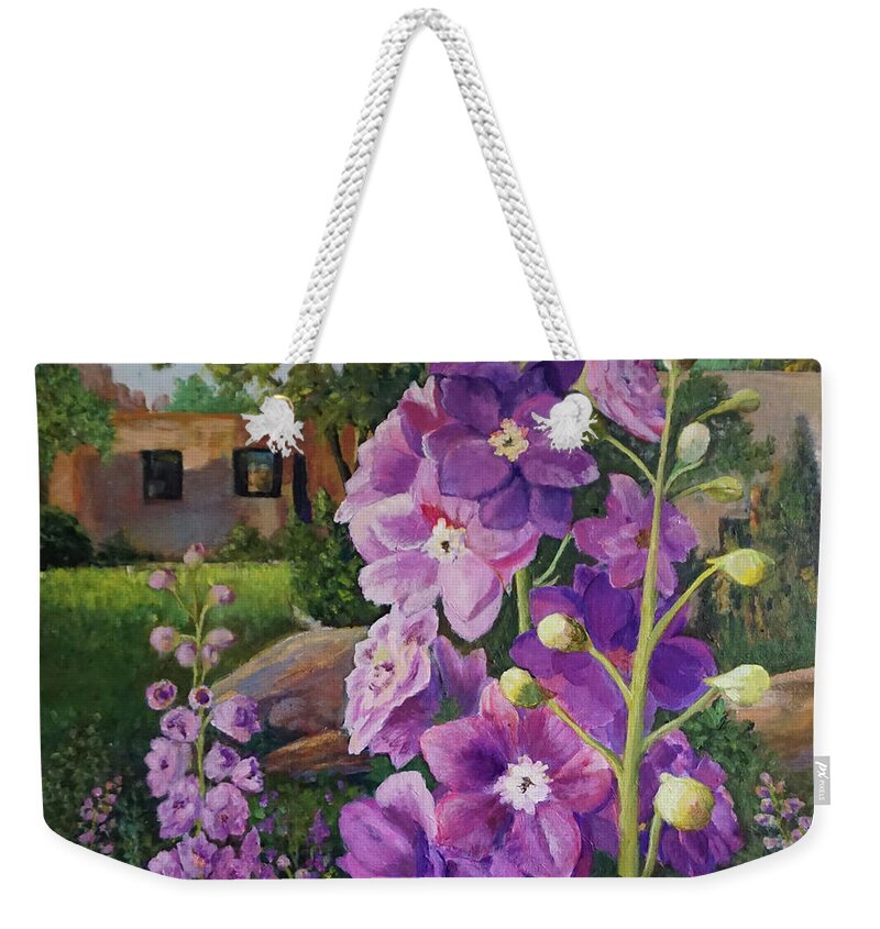 Pink Weekender Tote Bag featuring the painting Delightful Delphiniums by Alika Kumar