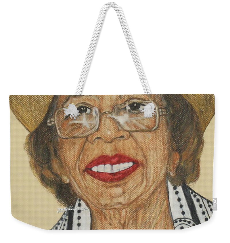 Portrait Weekender Tote Bag featuring the drawing Della Willis Portrait by Michelle Gilmore