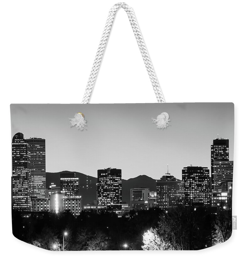 America Weekender Tote Bag featuring the photograph Denver Colorado Monochrome BW Mountain Skyline 1x1 by Gregory Ballos