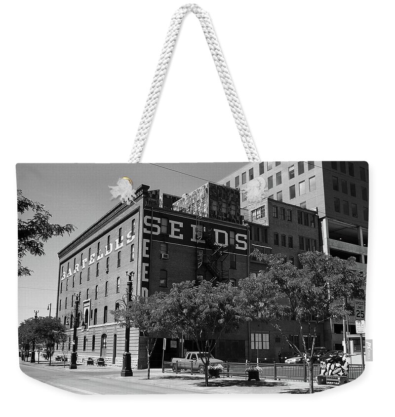 16th Weekender Tote Bag featuring the photograph Denver Downtown Warehouse BW by Frank Romeo