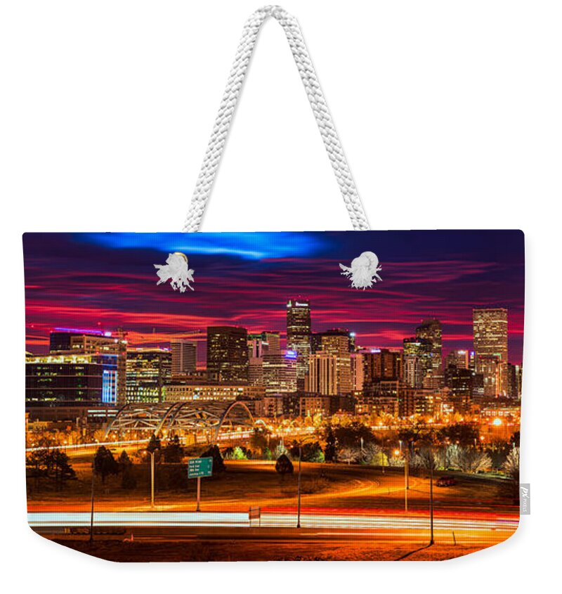 Denver Weekender Tote Bag featuring the photograph Denver Skyline Sunrise by Darren White