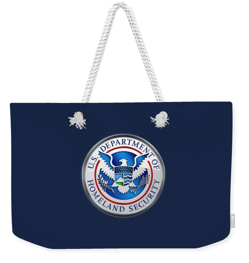 'military Insignia & Heraldry 3d' Collection By Serge Averbukh Weekender Tote Bag featuring the digital art Department of Homeland Security - D H S Emblem on Blue Velvet by Serge Averbukh