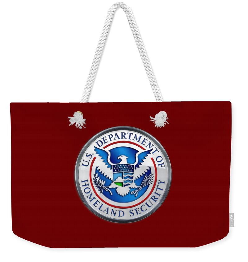 'military Insignia & Heraldry 3d' Collection By Serge Averbukh Weekender Tote Bag featuring the digital art Department of Homeland Security - D H S Emblem on Red Velvet by Serge Averbukh