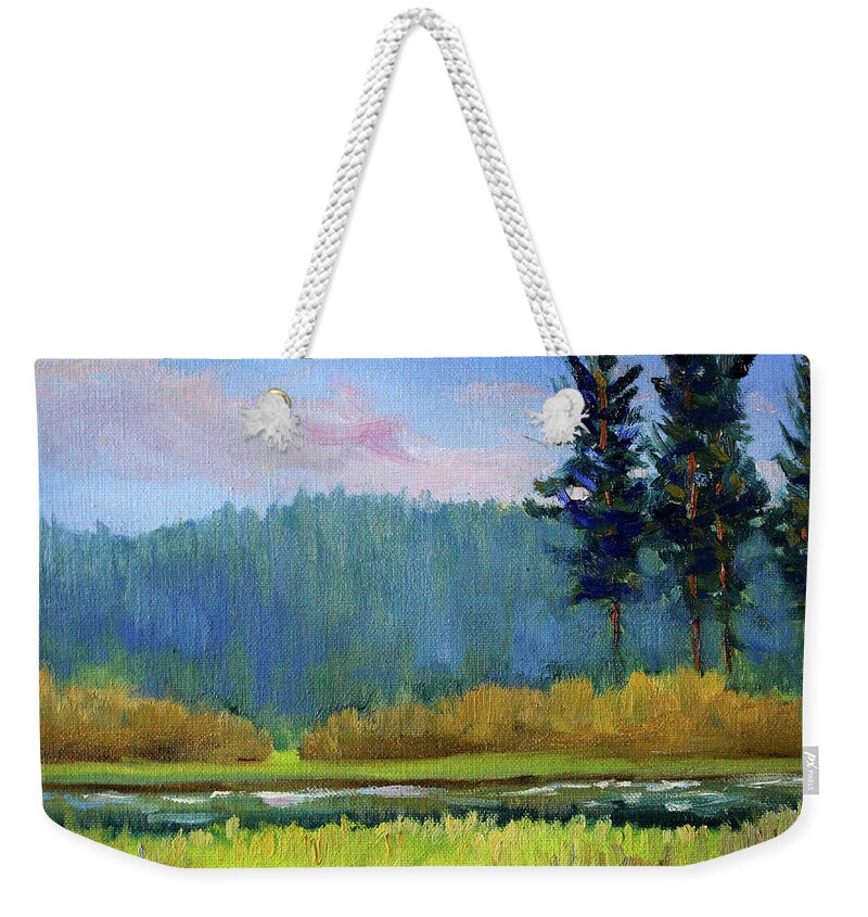 Oregon Landscape Painting Weekender Tote Bag featuring the painting Deschutes River Edge by Nancy Merkle