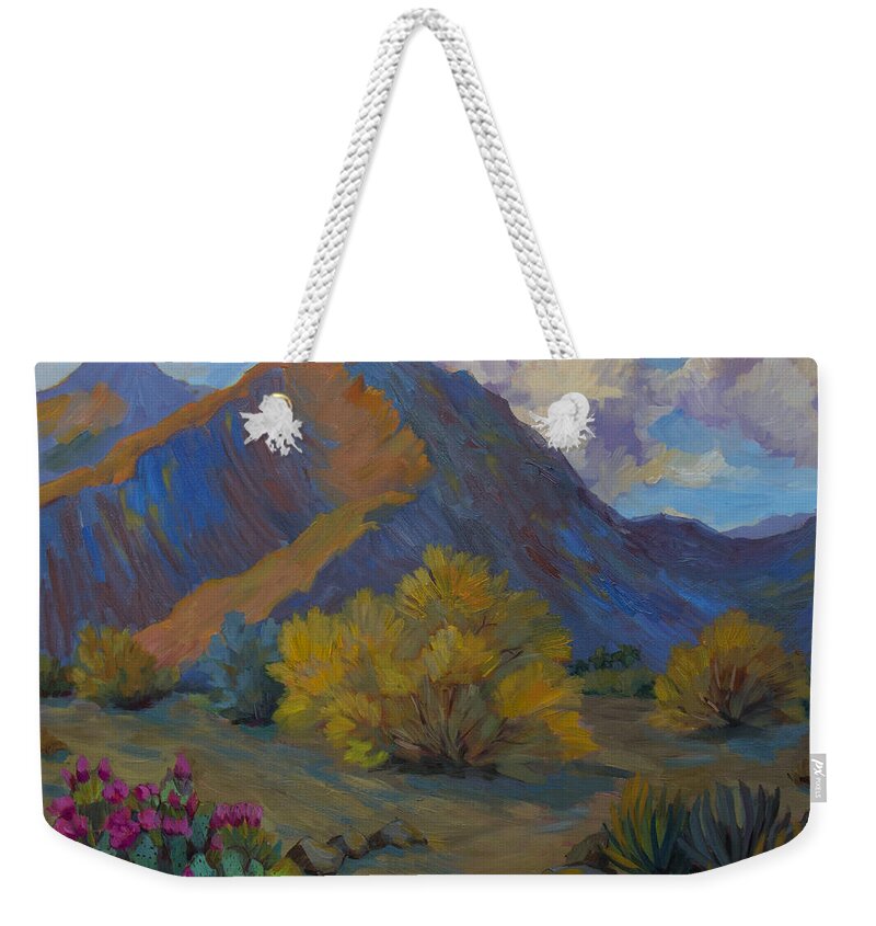 La Quinta Weekender Tote Bag featuring the painting Desert Palo Verde and Beavertail Cactus by Diane McClary