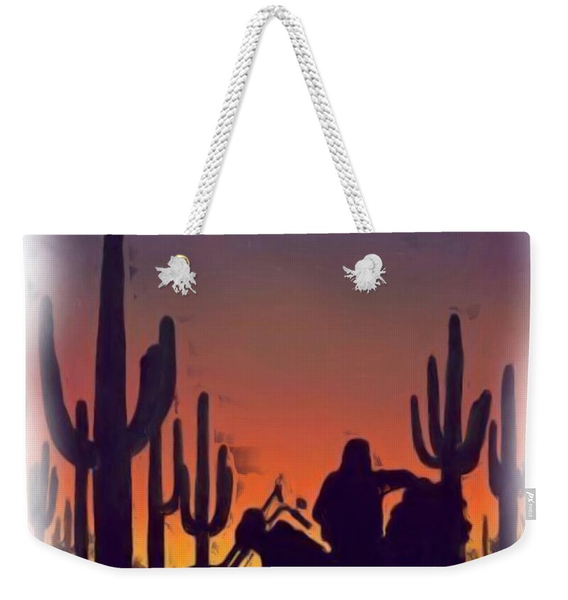 Desert Scenes Weekender Tote Bag featuring the painting Desert Ride at Sunset by Wayne Bonney